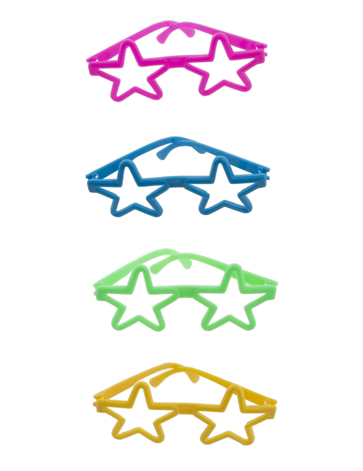 4 mini paires de lunettes colorées en forme d'étoile rose bleu vert et jaune