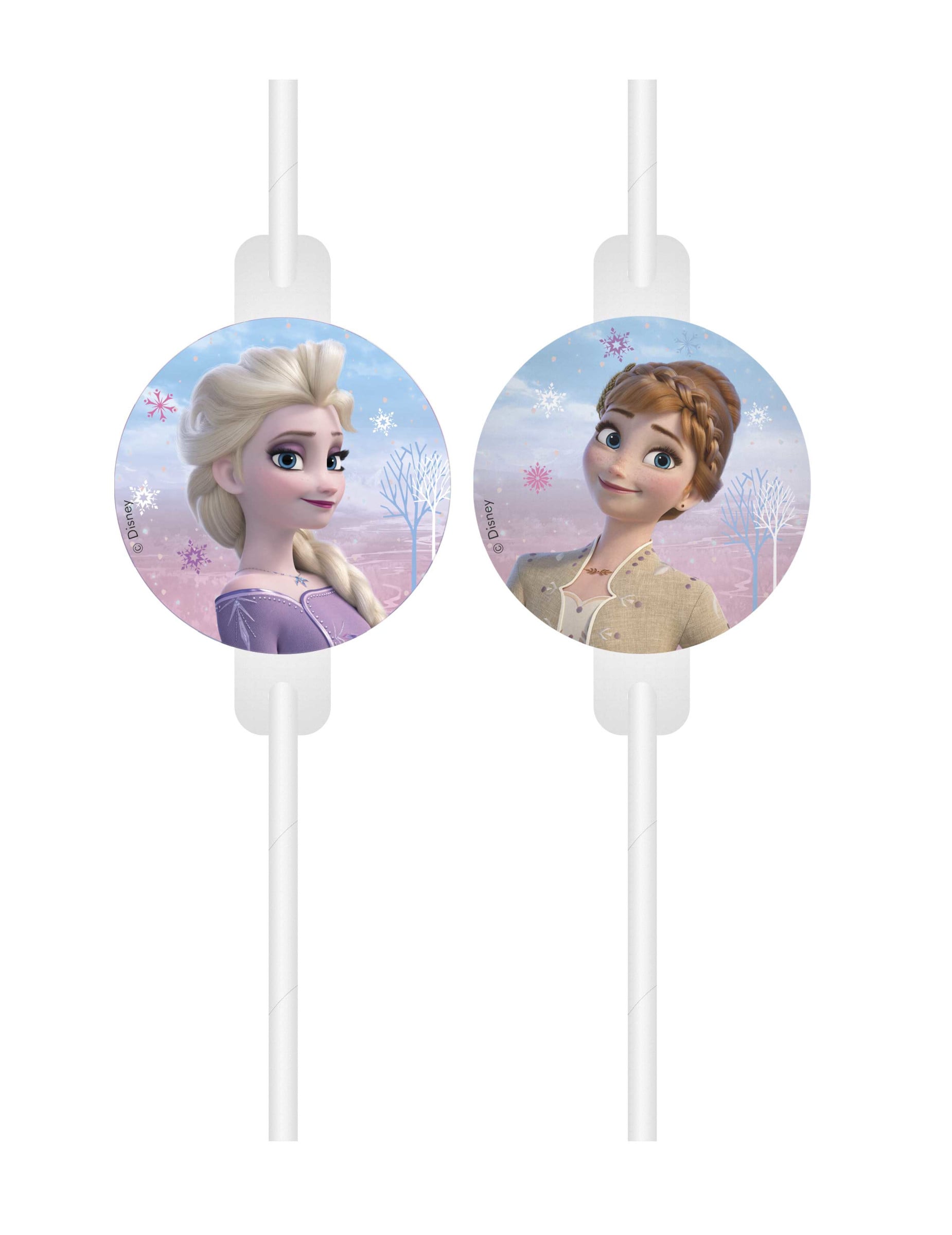 4 pailles médaillon La Reine des Neiges pour enfant blanches avec Elsa et Anna