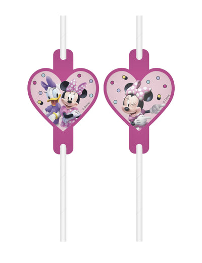 Pailles médaillon Minnie Junior pour enfant roses avec médaillons en forme de cœur