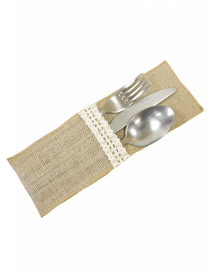 4 držača za pribor za jelo s efektom jute i bijele čipke, 8,5 x 24,5 cm cm