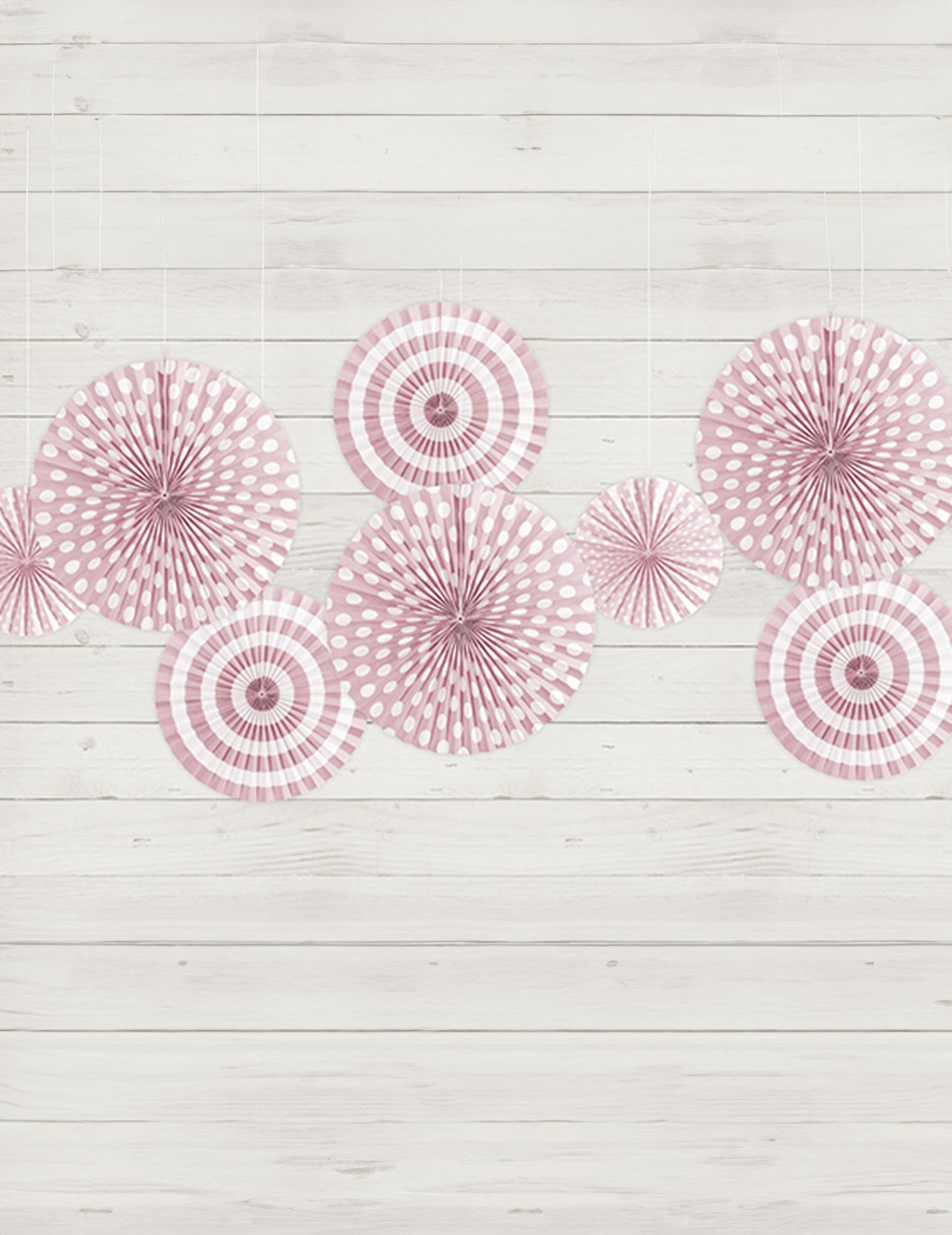 4 svjetloružičaste papirnate rozete 23, 32 i 40 cm s točkicama i prugama 