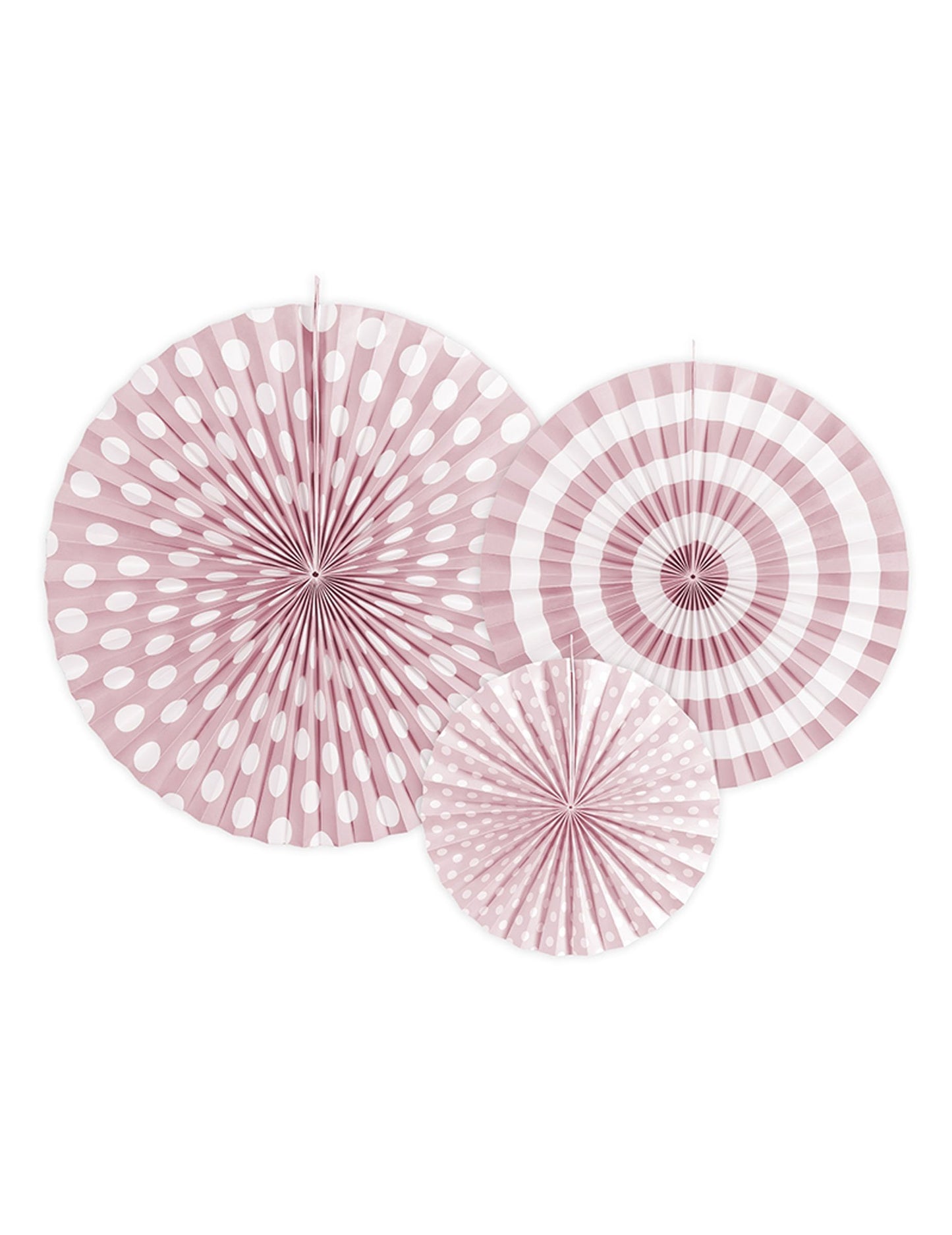 4 svjetloružičaste papirnate rozete 23, 32 i 40 cm s točkicama i prugama 