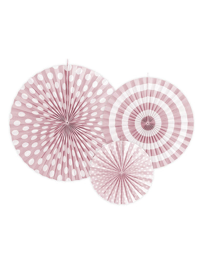 4 svjetloružičaste papirnate rozete 23, 32 i 40 cm s točkicama i prugama 