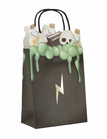 Papirnata poklon-vrećica za dječjeg učenika čarobnjaka, crna, sa zelenom sluzi i zlatnom munjom