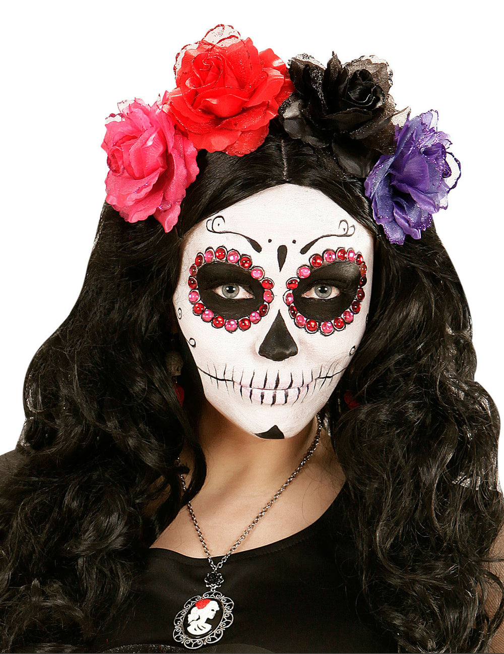 Strass Dia de los muertos pour adulte roses et rouges