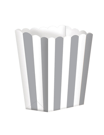 5 srebrno-bijelih prugastih kartonskih kutija za kokice, 9 x 13 cm za filmsku večer