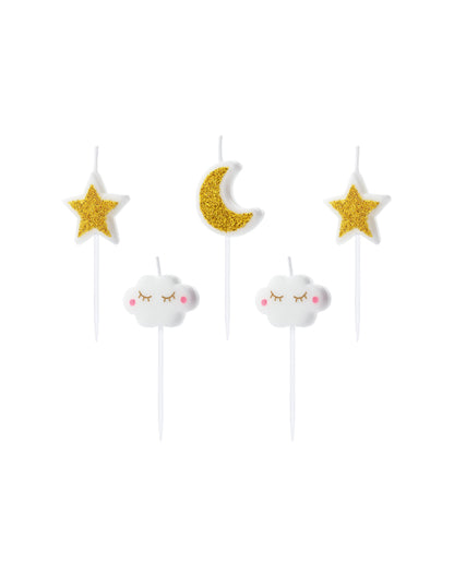 5 bougies d'anniversaire constellation blanc et doré pailleté nuages et étoiles