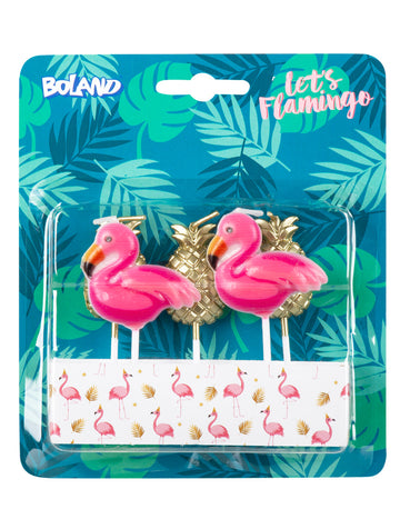 5 svijeća na ružičastom flamingu i zlatnim štapićima ananasa 8 cm za tortu