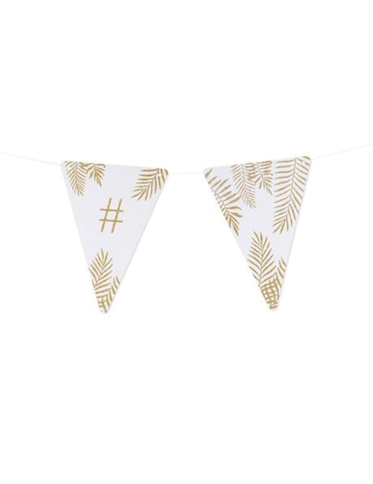 Détail du symbole hashtag et des motifs des fanions lettres thème fougères blanc et paillettes dorées