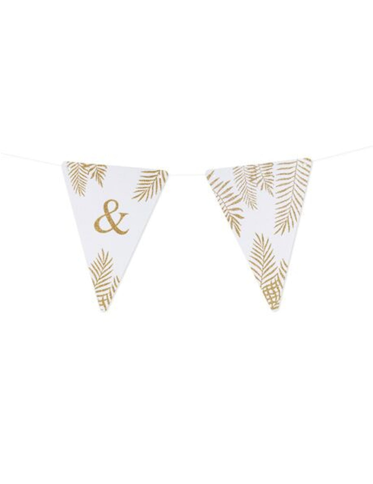 Détail du symbole esperluette et des motifs des fanions lettres thème fougères blanc et paillettes dorées