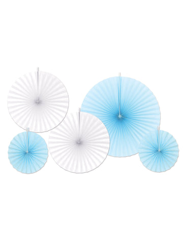 5 plavih i bijelih papirnatih rozeta za vješanje 