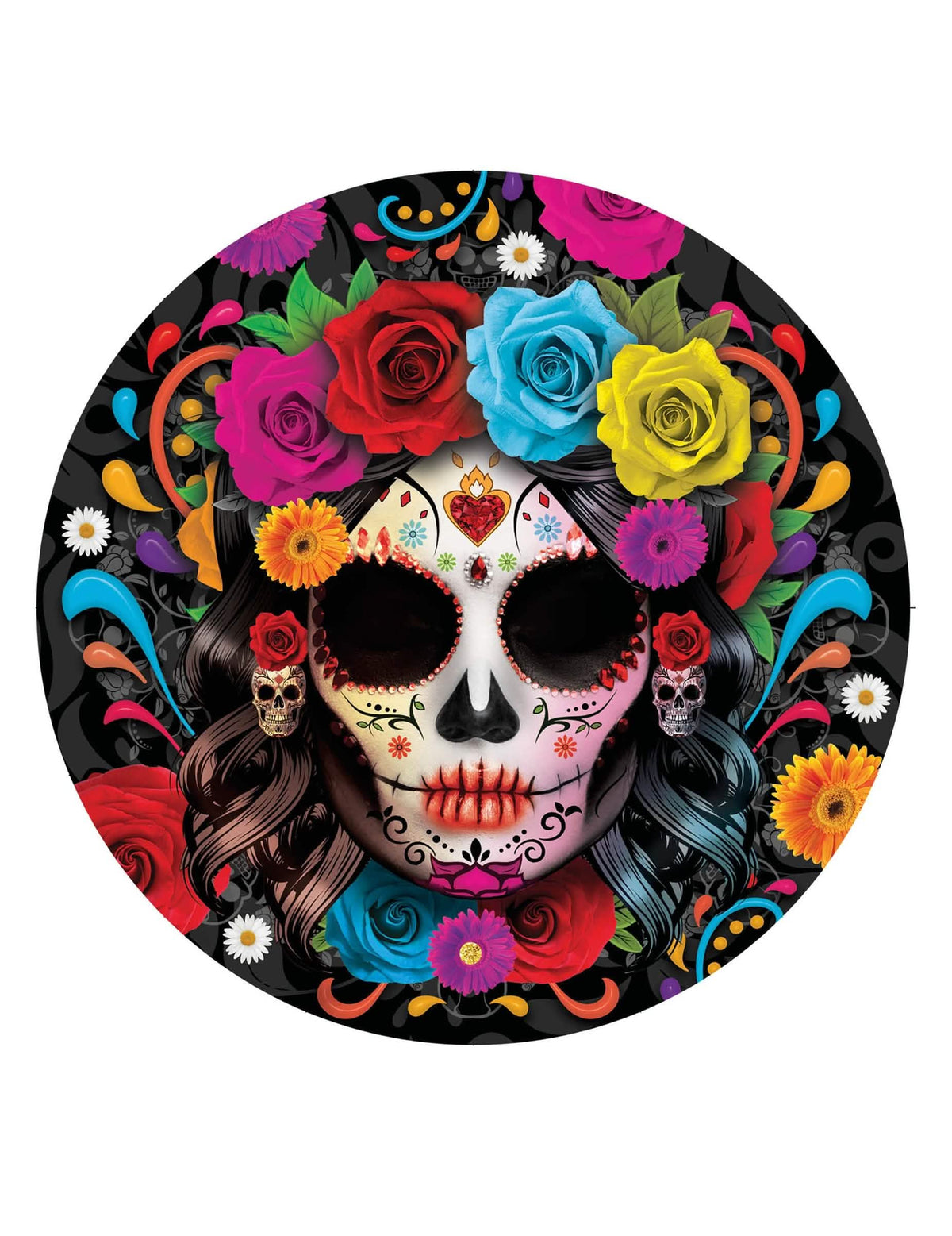 Assiettes Catrina Dia de los muertos multicolores avec fleurs sur fond noir