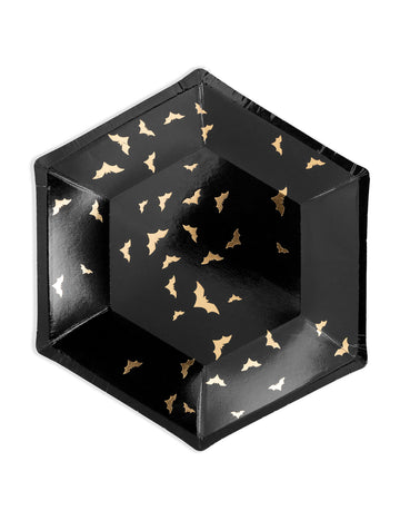 6 crno-zlatnih kartonskih tanjura u obliku šišmiša 20 cm šesterokutni