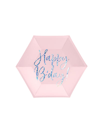 6 assiettes en carton roses happy b'day iridescent 20 cm hexagonales