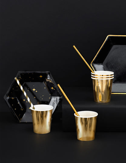 6 assiettes en carton noires et étoiles dorées 20 cm hexagonales