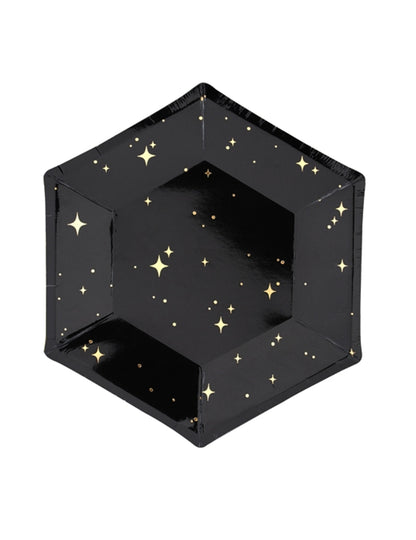 Assiettes en carton hexagonales étoiles pour fête noires et dorées