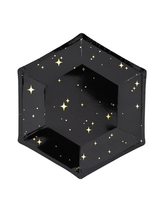 Assiettes en carton hexagonales étoiles pour fête noires et dorées