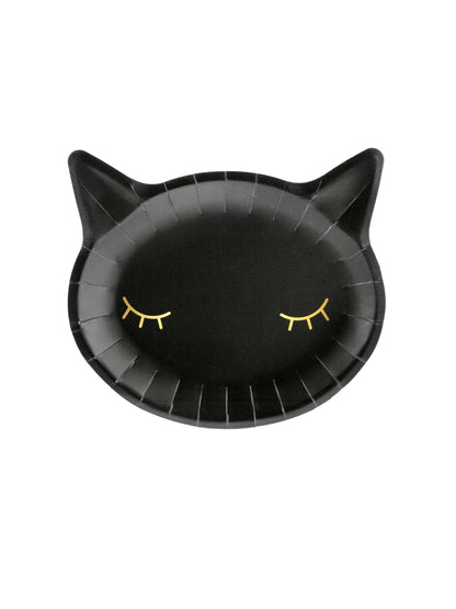 Assiettes en carton tête de chat pour fête noir avec yeux dorés