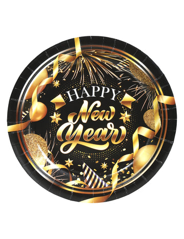 6 crno-zlatnih papirnatih tanjura za sretnu Novu godinu 23 cm