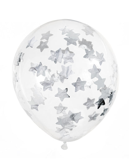 6 prozirnih balona sa srebrnim konfeti zvjezdicama 30 cm 