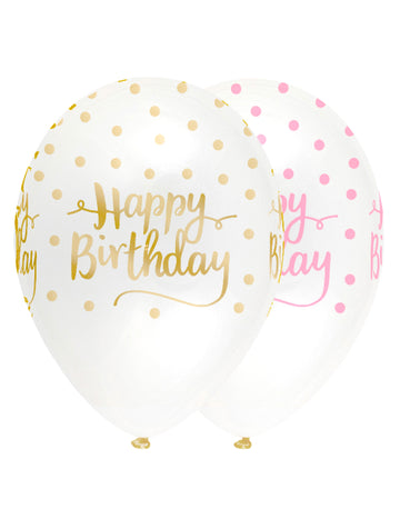 6 ballons en latex happy birthday à pois rose et doré 30 cm de diamètre