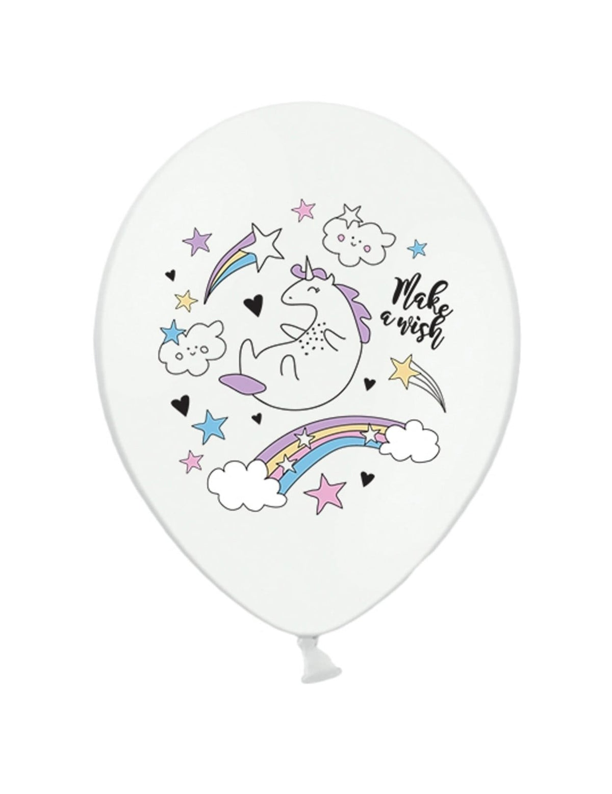 Ballon en latex licorne pour anniversaire blanc avec motifs arc-en-ciel et étoiles