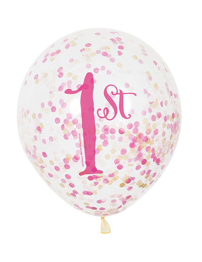 Ballon en latex 1er anniversaire pour enfant rose et doré avec confettis