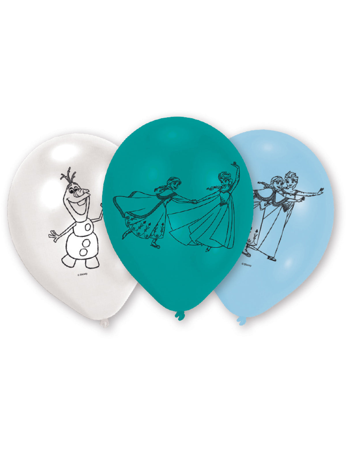 6 ballons latex La Reine des Neiges bleus, turquoises et blancs avec Elsa, Anna et Olaf
