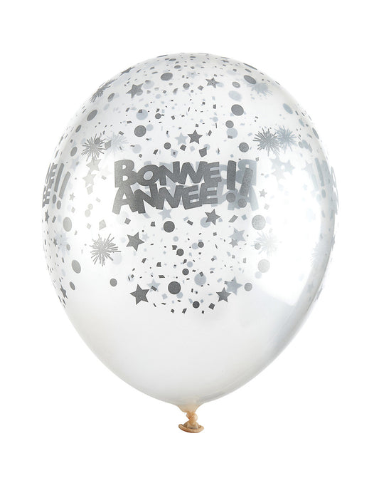 Ballons en latex Bonne année transparents et argent