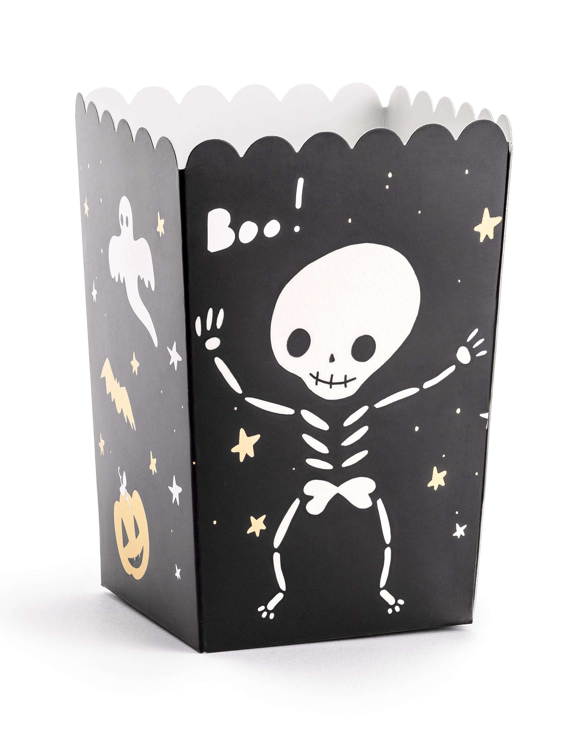 Boîte à popcorn Halloween Boo ! pour fête noir avec motifs squelette et fantôme