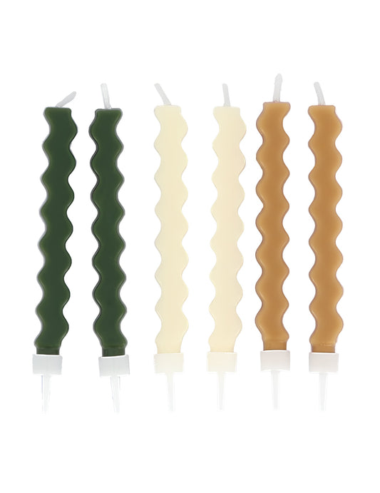 6 bougies zigzag décoration ondulées pour gâteau vertes crème et marron