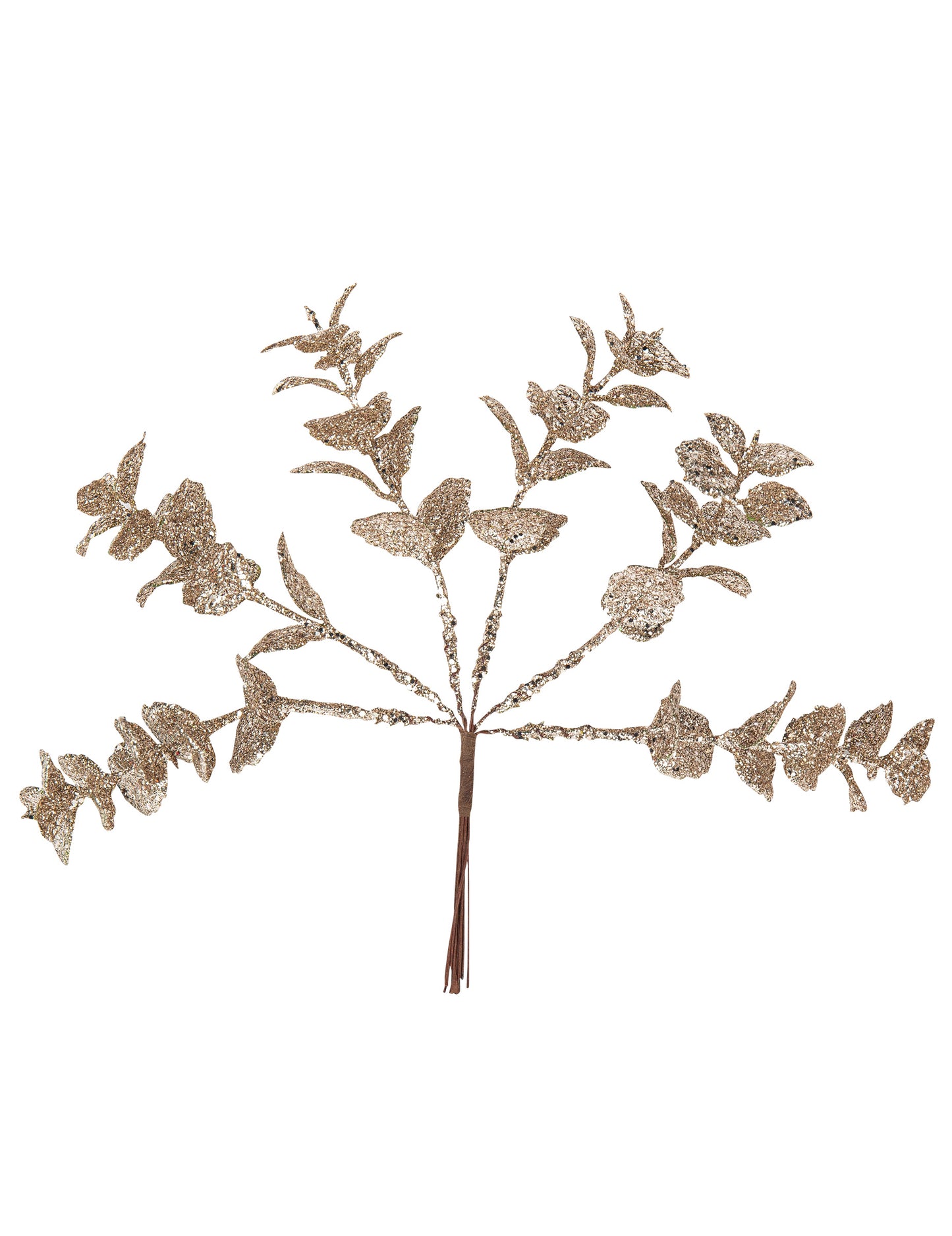 6 grančica eukaliptusa sa šampanjac šljokicama 17 cm 