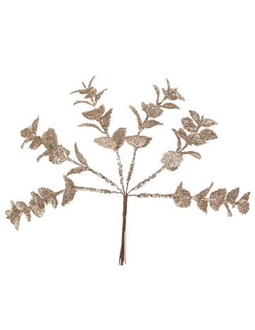 6 grančica eukaliptusa sa šampanjac šljokicama 17 cm 