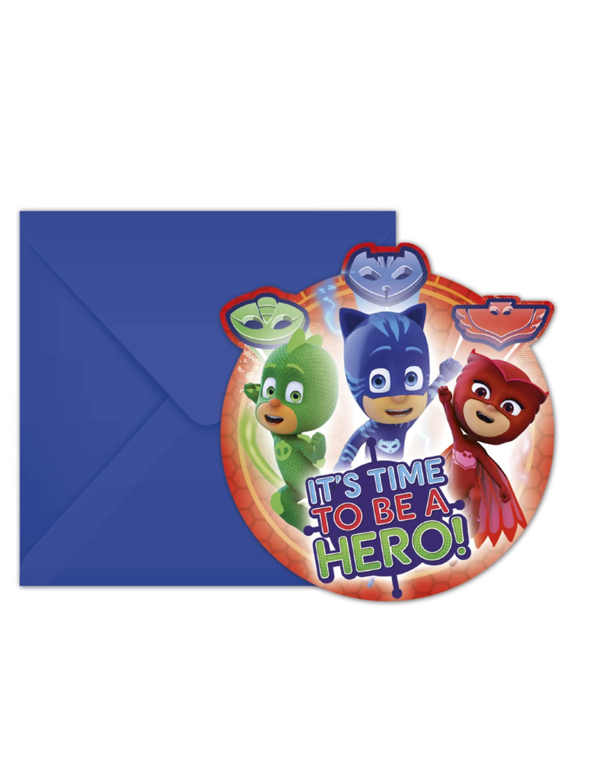 6 kutija pozivnica i omotnica PJ Masks za dijete plave s Yoyo, Bibou i Gluglu