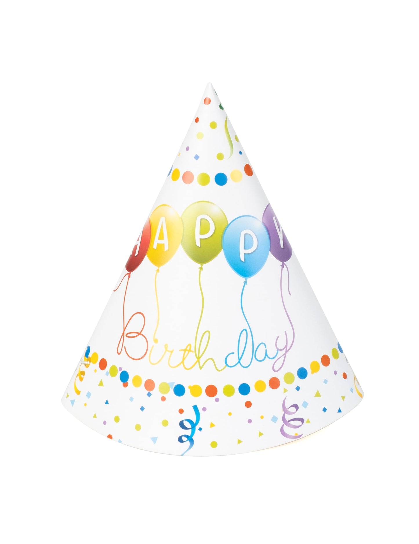 Chapeau de fête Happy Birthday pour anniversaire blanc avec motifs ballons multicolores