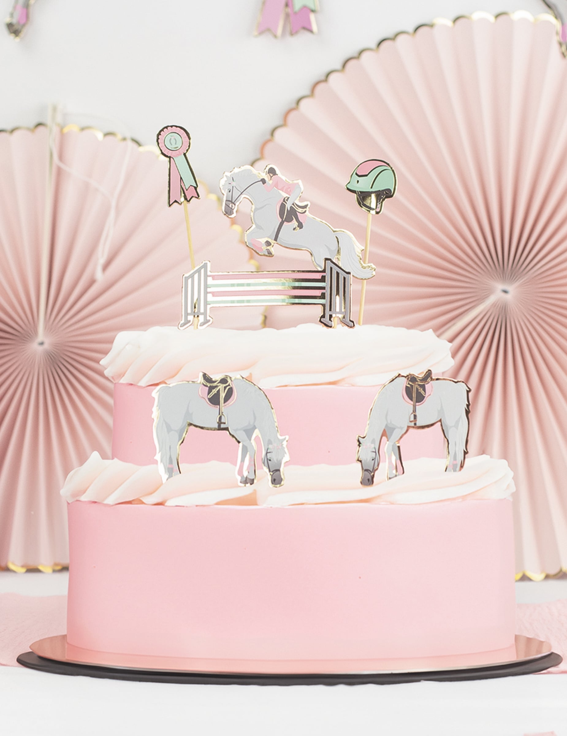 6 décorations pour gâteau cheval et équitation rose et pastel