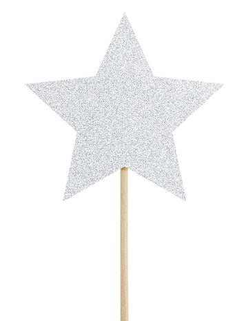6 srebrnih šljokicastih zvjezdastih ukrasa za torte na štapićima 11,5 cm za rođendan