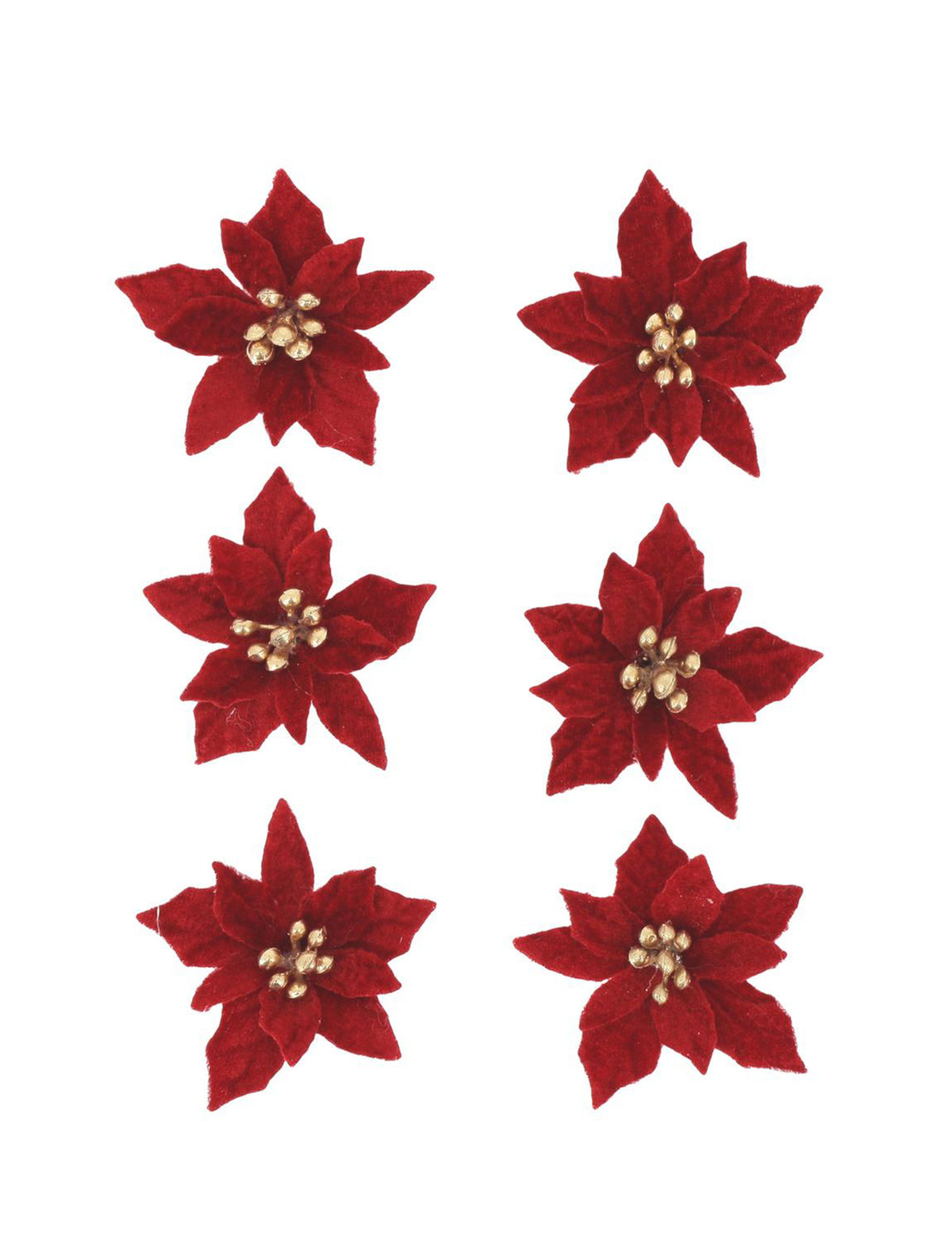 6 fleurs poinsettia adhésives velours rouge et or 5,5 cm