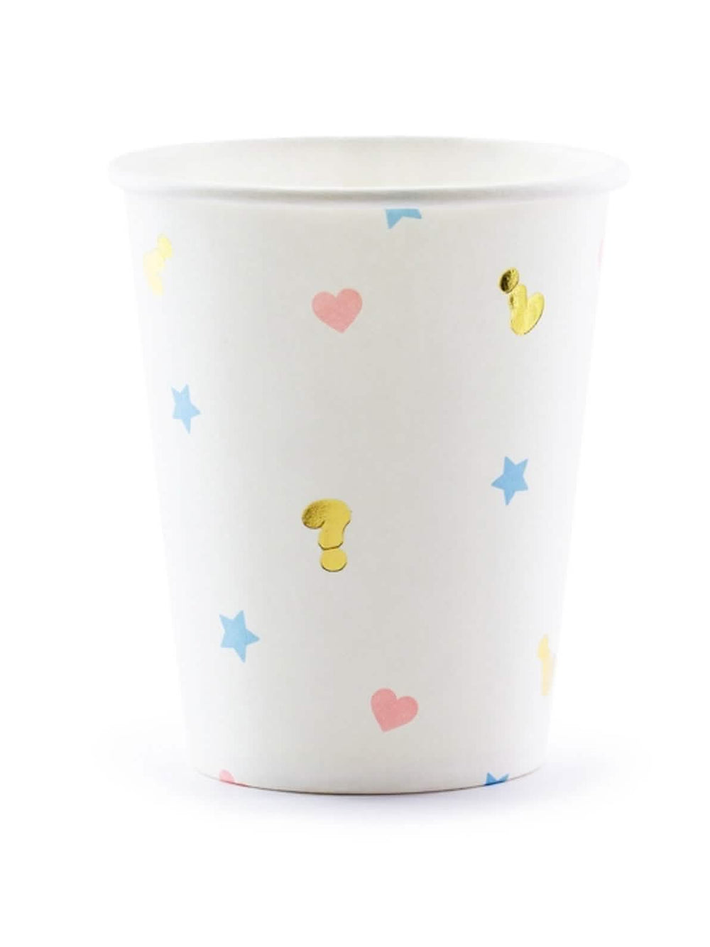 Kartonske čaše za baby shower boy or girl, bijele, s ružičastim srcima, plavim zvijezdama i zlatnim upitnicima