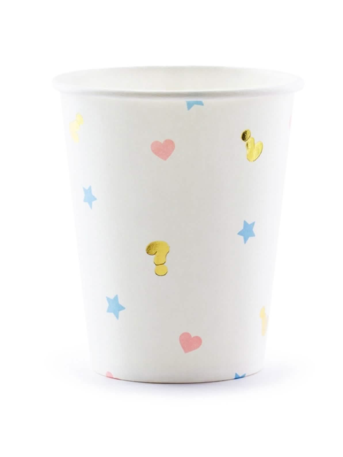 Kartonske čaše za baby shower boy or girl, bijele, s ružičastim srcima, plavim zvijezdama i zlatnim upitnicima