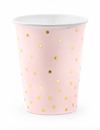 Gobelets en carton rose pâle et pois dorés pour fête rose et or