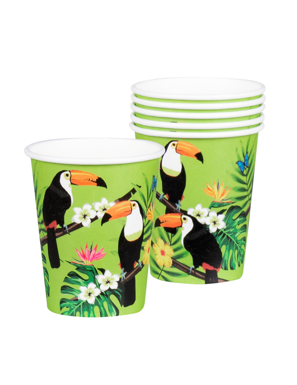 Gros plan sur les motifs du gobelet en carton toucan