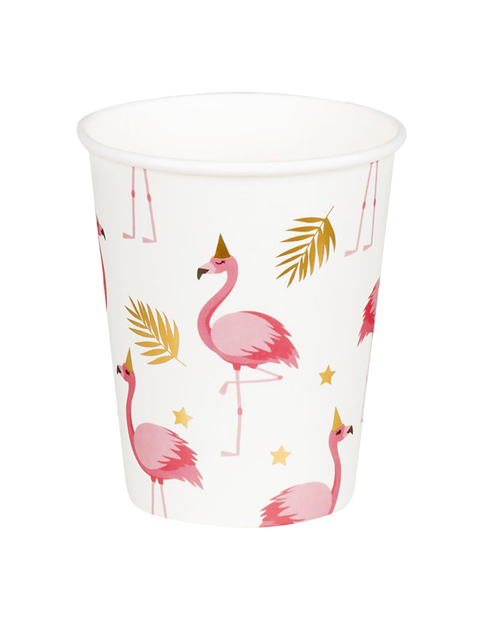 Gobelets en carton Flamant Tropic pour fête blancs avec motifs flamants roses et feuilles dorées