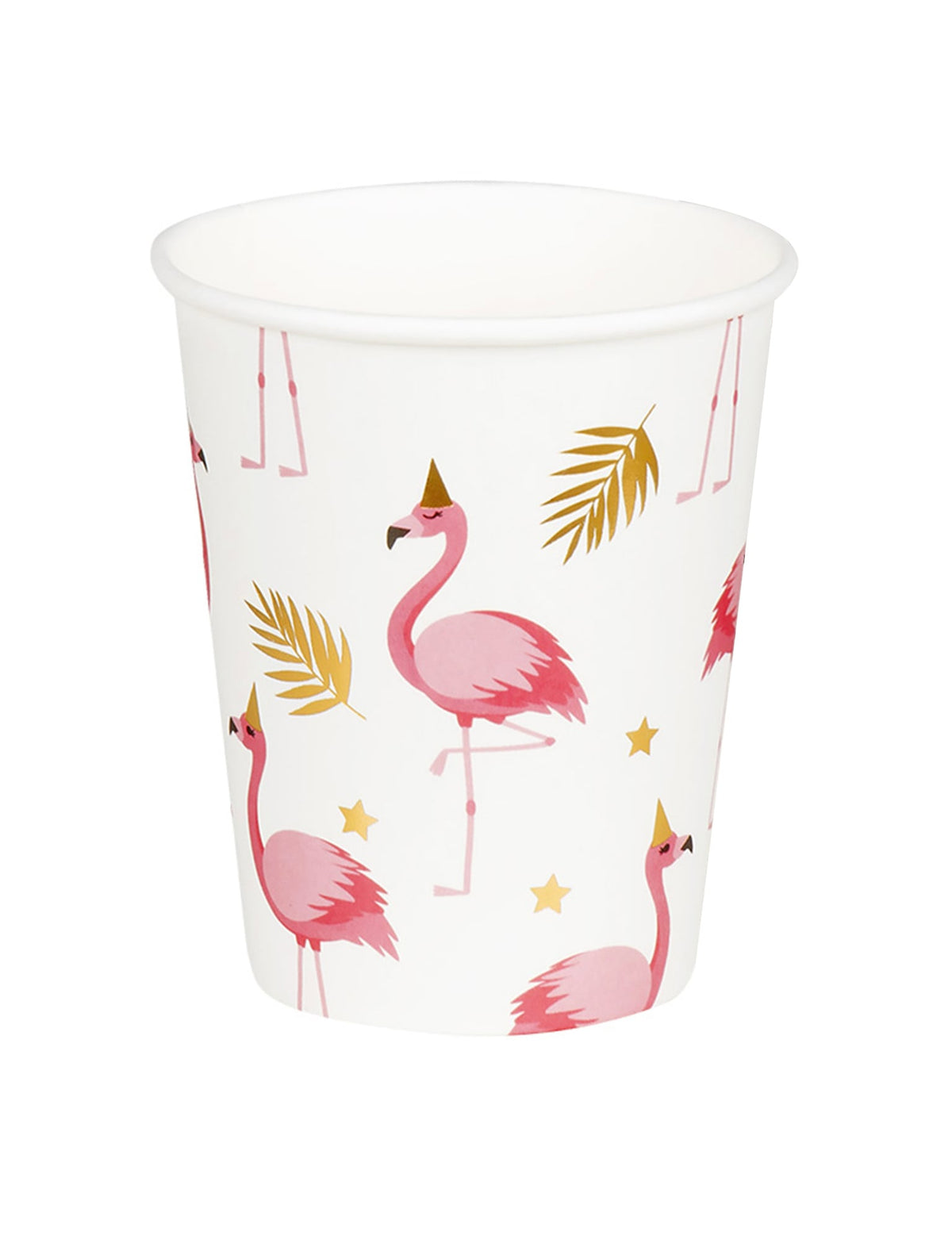 Gobelets en carton Flamant Tropic pour fête blancs avec motifs flamants roses et feuilles dorées
