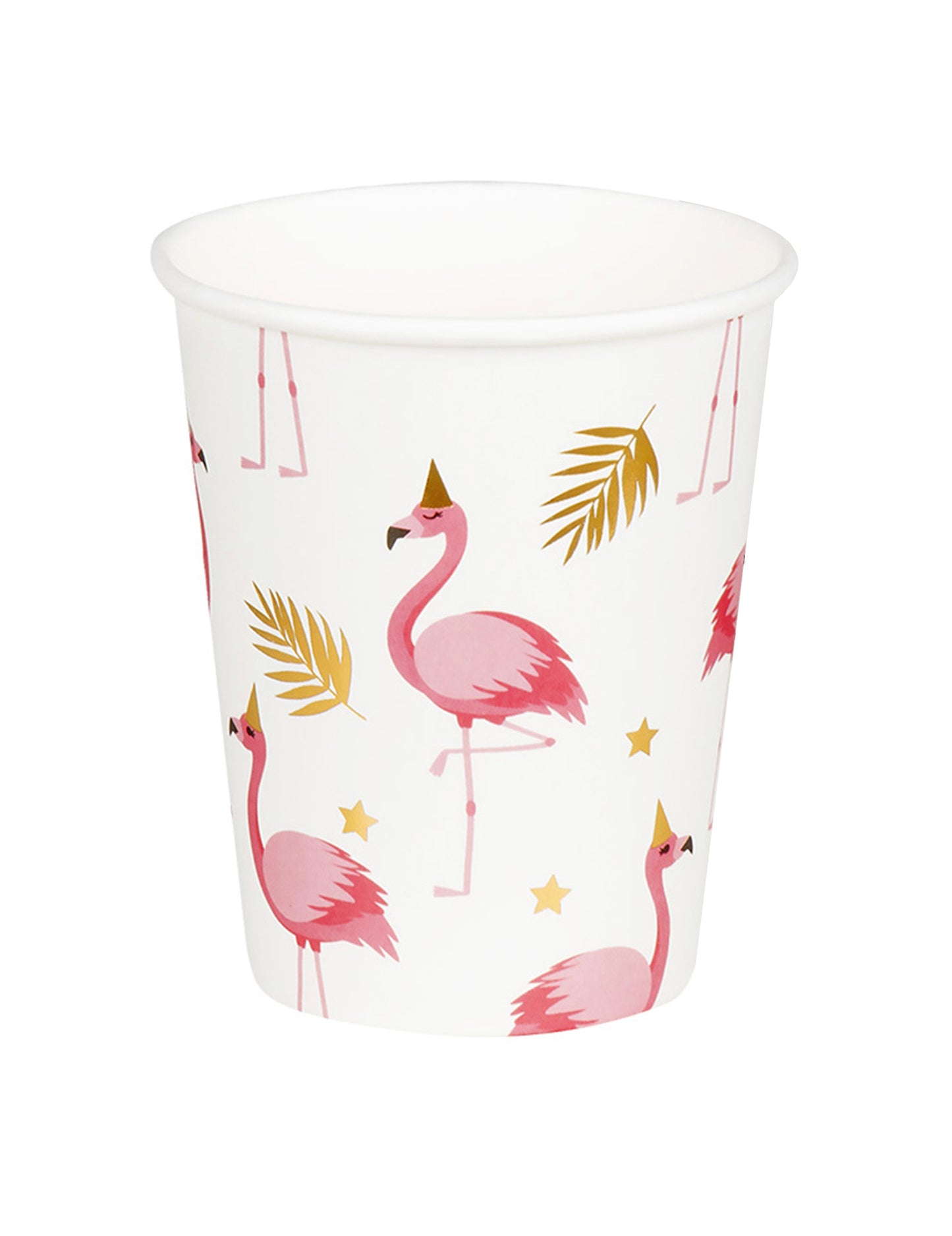 Gobelets en carton Flamant Tropic pour fête blancs avec motifs flamants roses et feuilles dorées