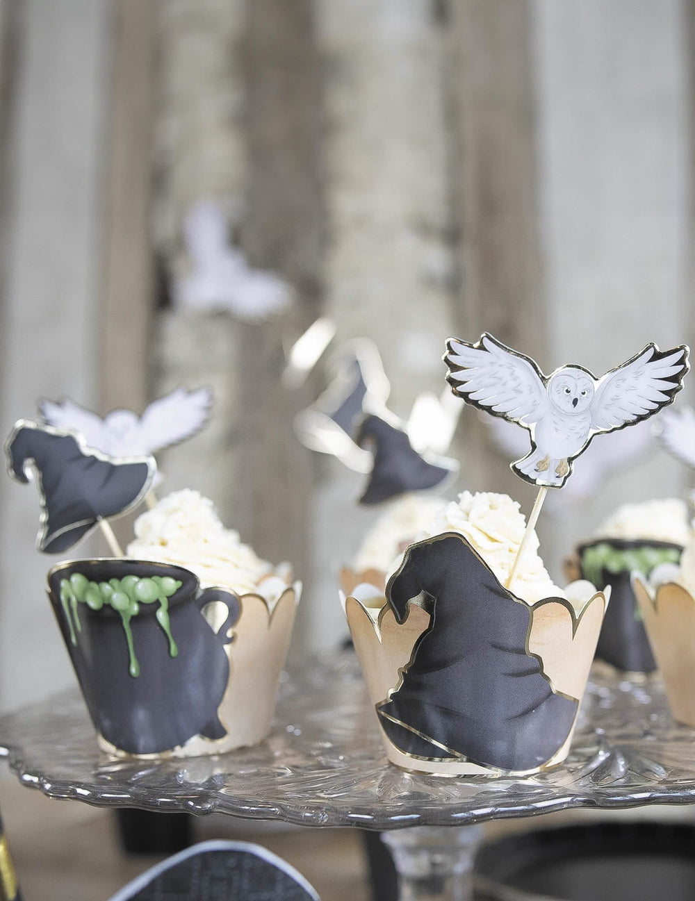 Krupni plan na toppers s sovom i šeširom za cupcake omote učenika čarobnjaka