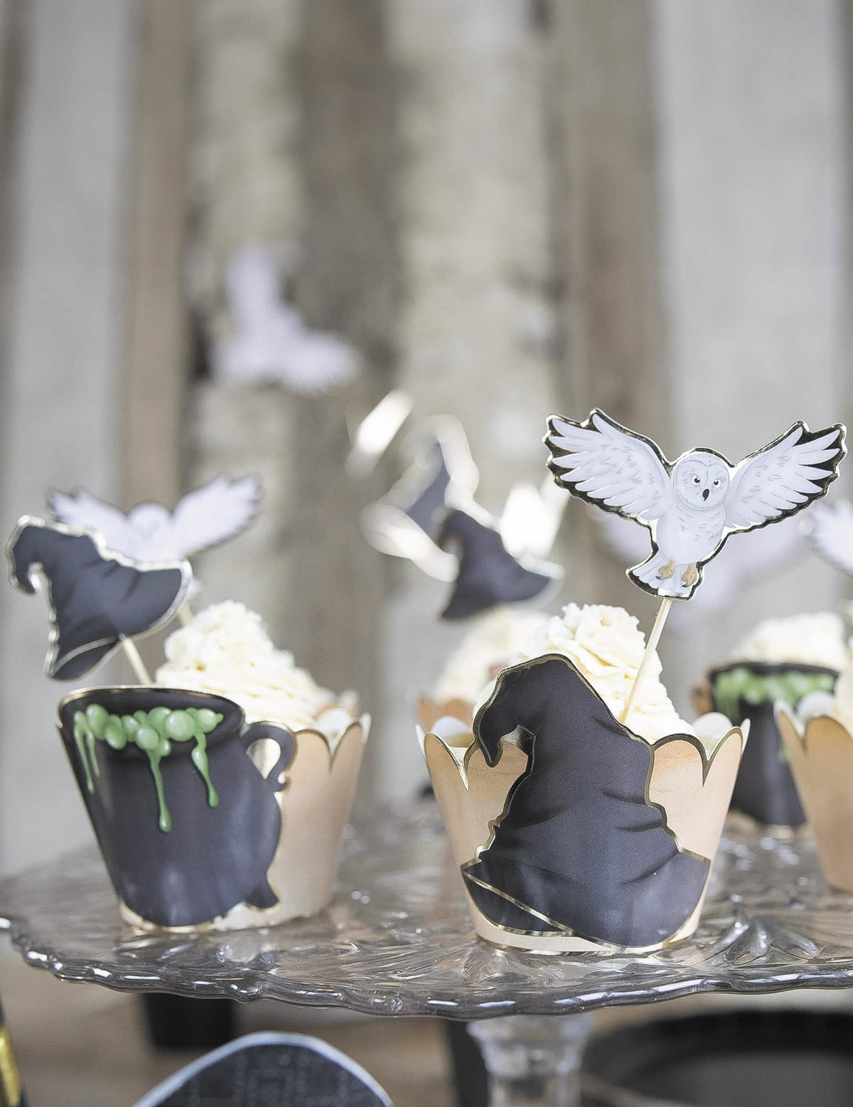 Krupni plan na toppers s sovom i šeširom za cupcake omote učenika čarobnjaka