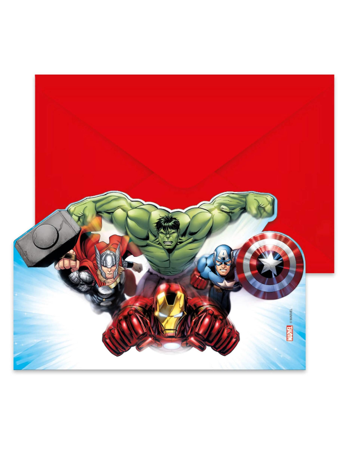 Invitations avec enveloppes Avengers pour enfant rouge avec Hulk Iron Man Thor et Captain America