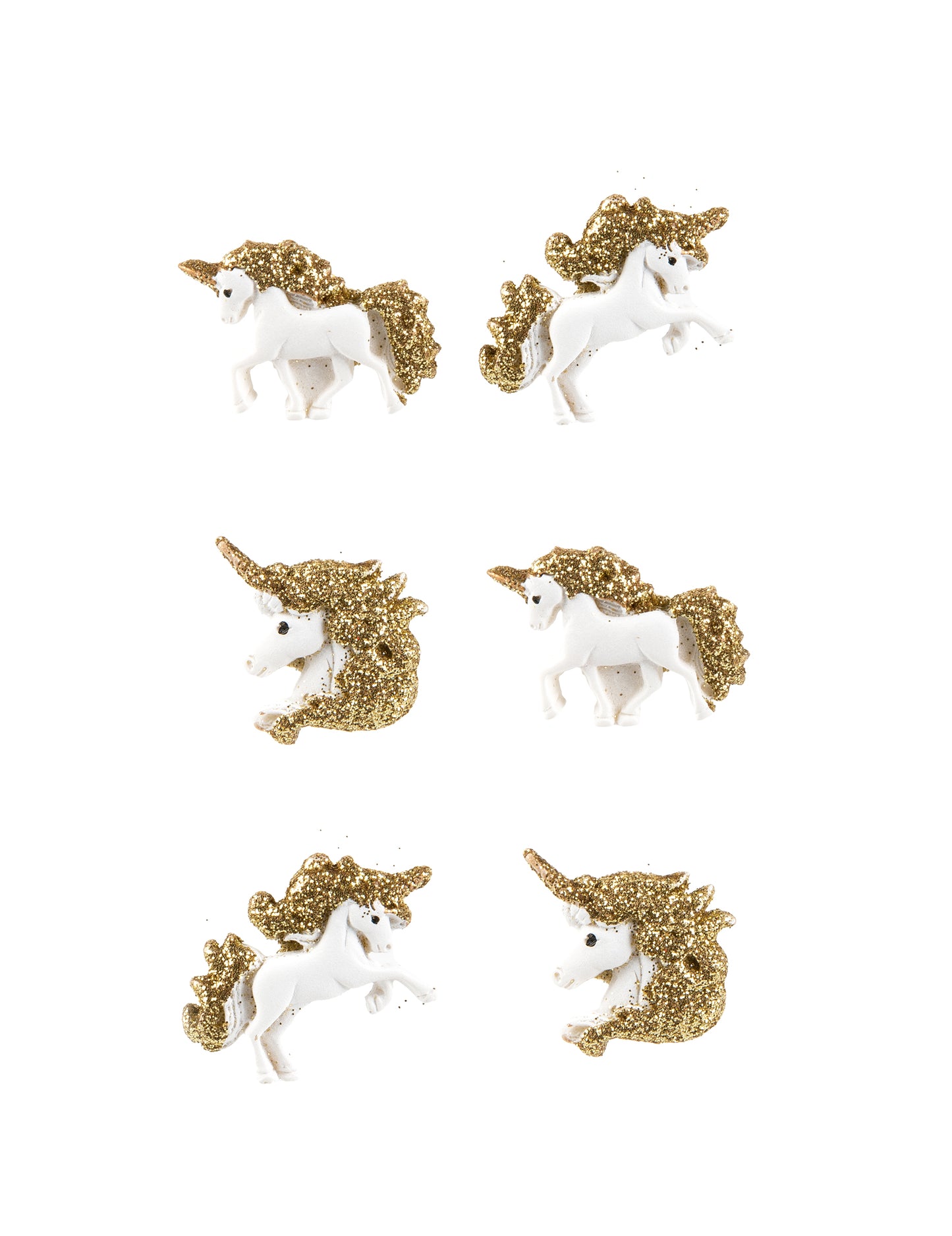 6 licornes en résine adhésives blanches et paillettes dorées 3 cm