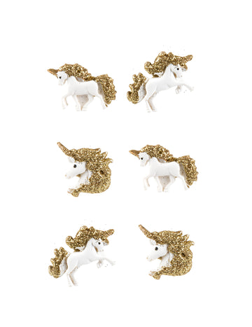 6 licornes en résine adhésives blanches et paillettes dorées 3 cm